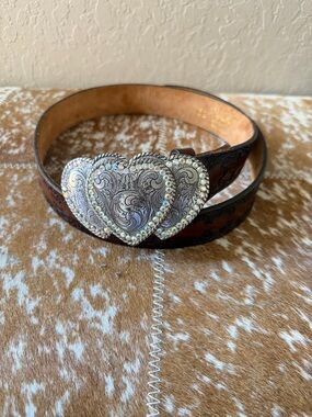 Western Heart Concho Leather Belt - Brown with Silver Heart Buckle. Size 32.